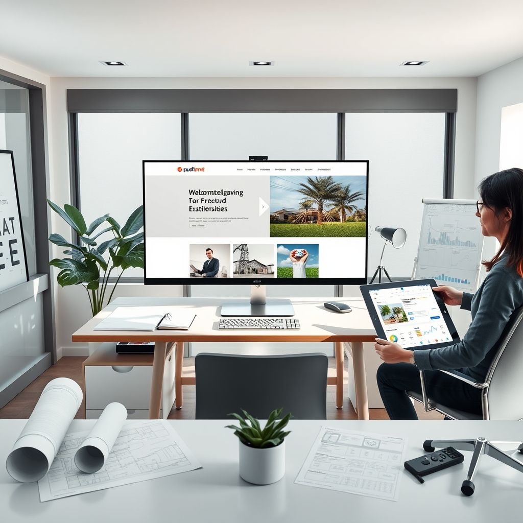 Modern office with a view: a professional, clean workspace overlooking a vibrant cityscape.