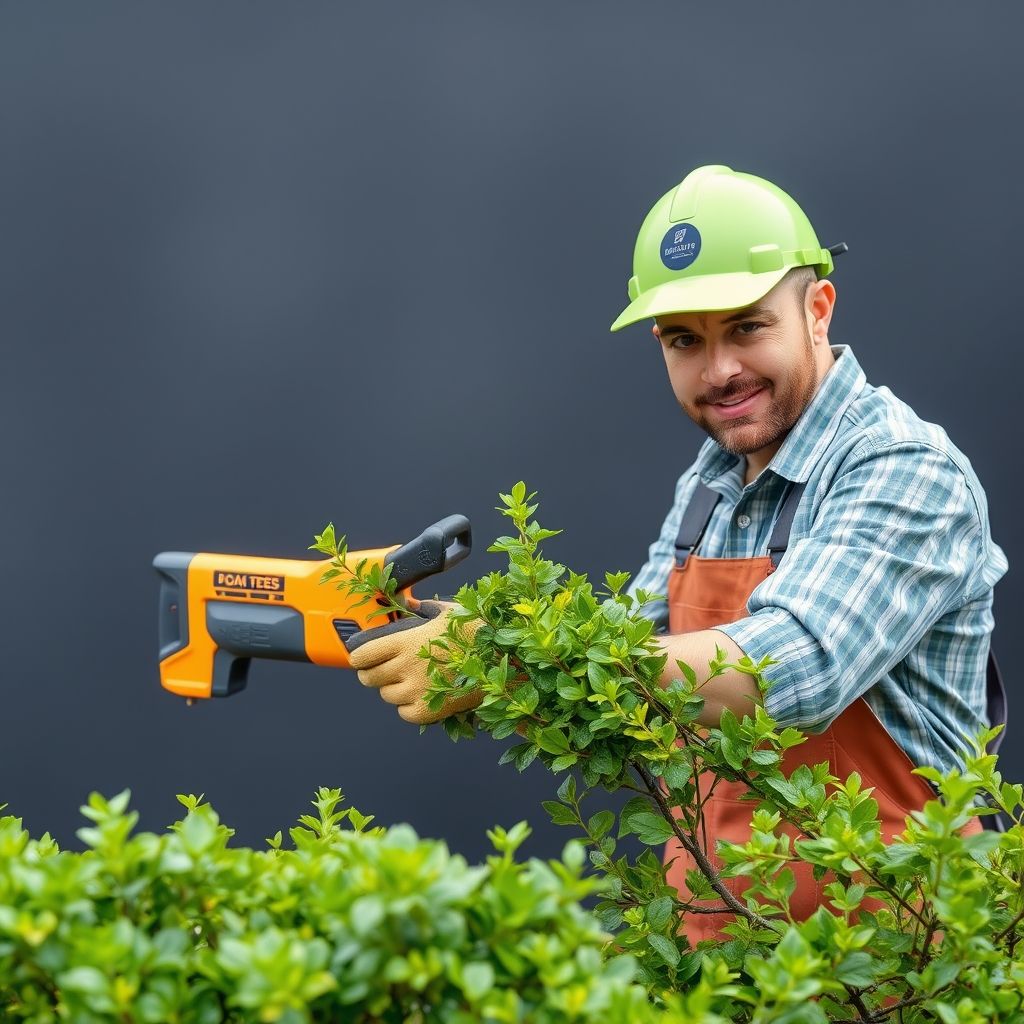 Modern office with a person pruning a content tree, symbolizing content pruning strategies for tradie blogs.