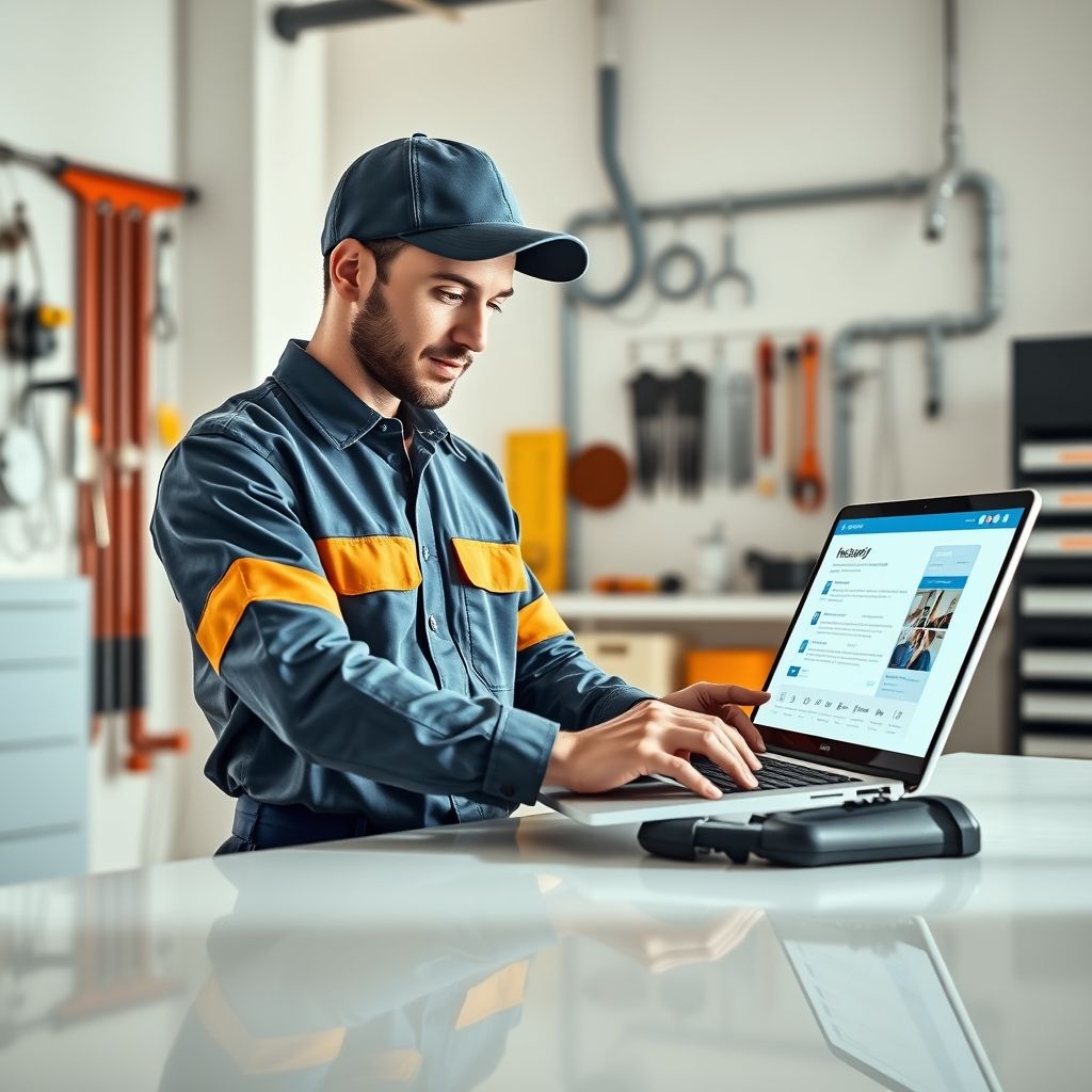 Smiling plumber using a laptop, booking jobs online, and growing his successful business.