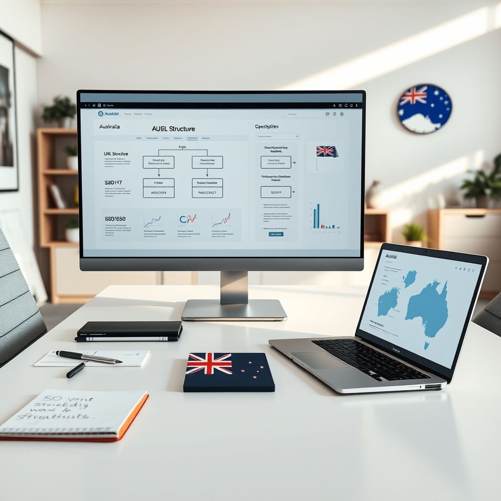 Tradie SEO strategies visualized: Clean, modern graphic outlines URL structure, targeting Australian tradespeople.